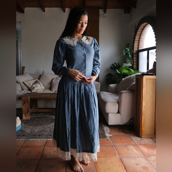 Vintage Gunne Sax 70s Blue Prairie  Cottagecore Maxi Dress - Picture 2 of 13